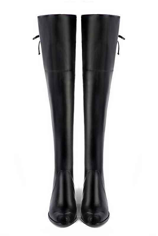 Satin black women's leather thigh-high boots. Round toe. Low leather soles. Made to measure. Top view - Florence KOOIJMAN
